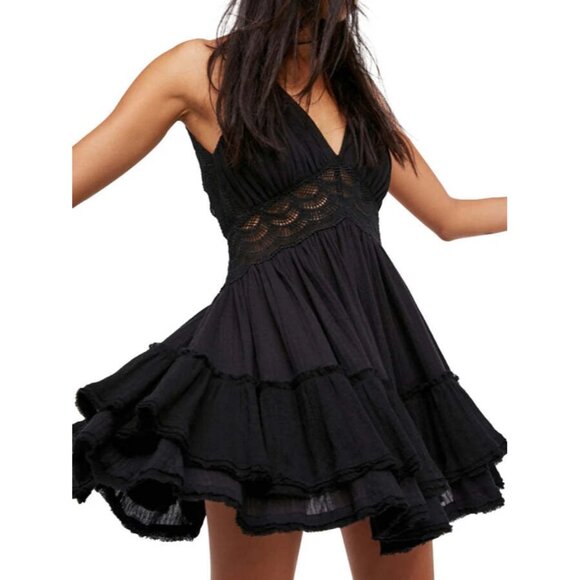RARE Free People Black Bohemian Crochet Lace Trim Tiered Ruffle Hem Mini Dress - Picture 10 of 15